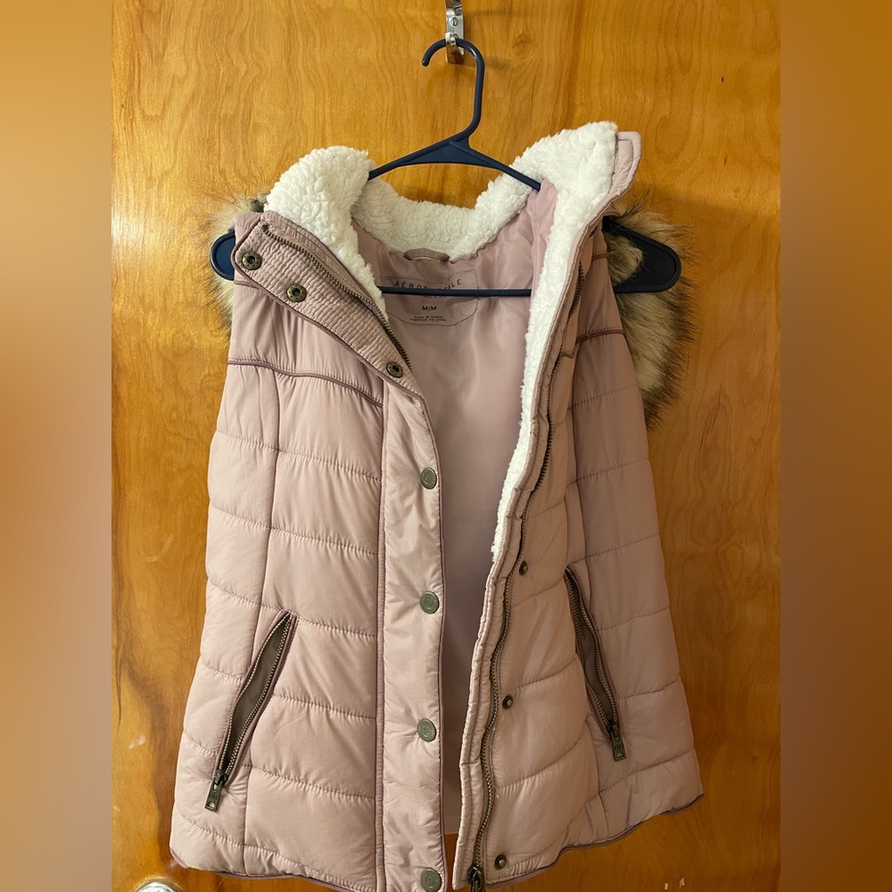 Women’s Aeropostale Puffer Vest Coat with Faux Shearling Hood - Blush Pink